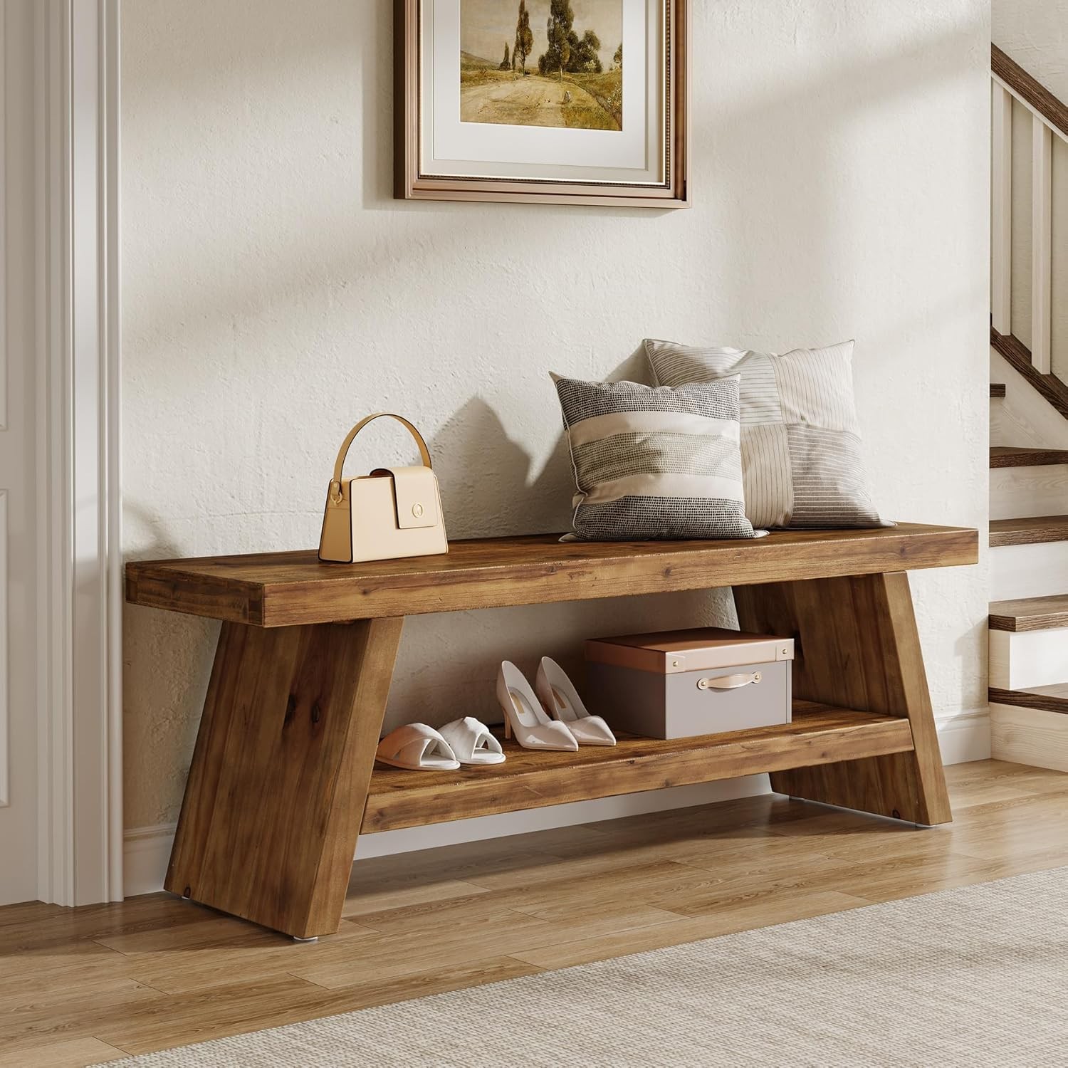 2-Tier Entryway Bench, Solid Wood Seating with Open Shelves for Hallway Foyer