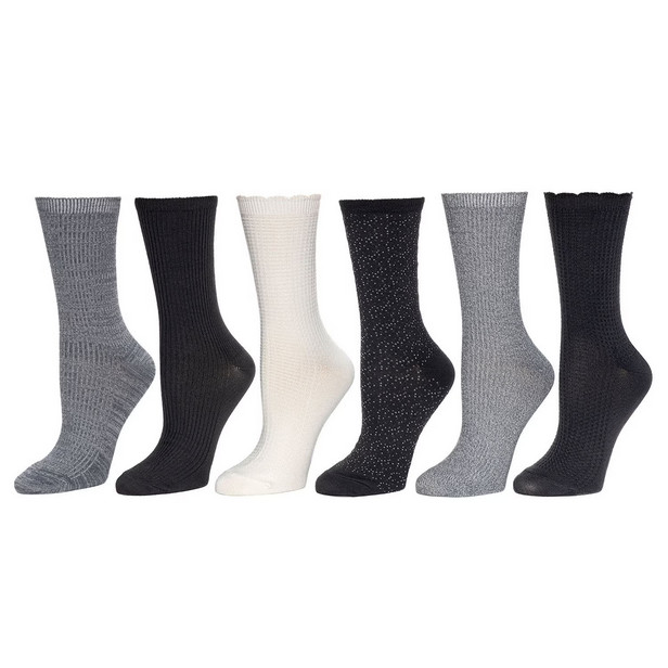Cuddl Duds Womens 6-Pack Super Soft Crew Socks - Black Gray 4-10 Size