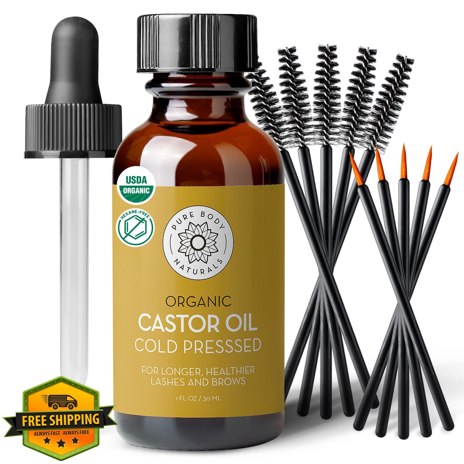 Pure Body Naturals Castor Oil 1oz Eyelash Eyebrow Growth Serum Organic