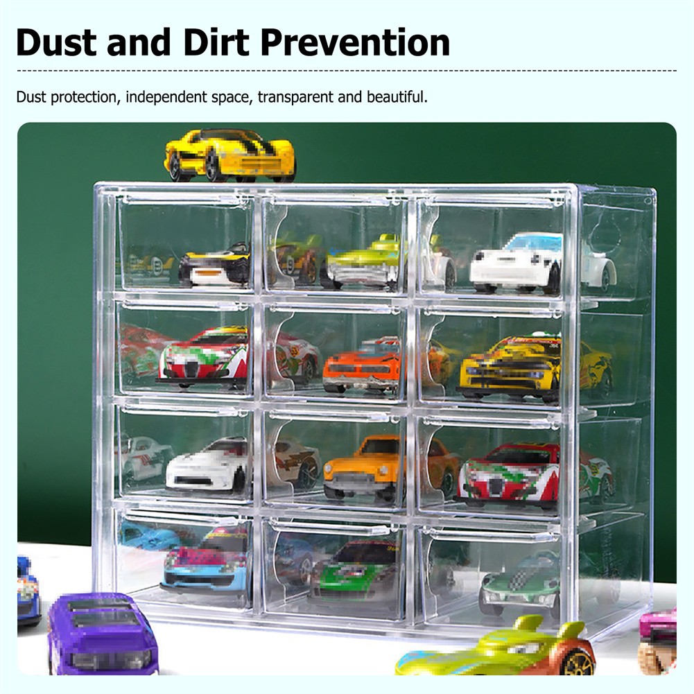 Car Display Case Holds For 1/64 Scale Hotwheels Storage 12 Cars Stackable
