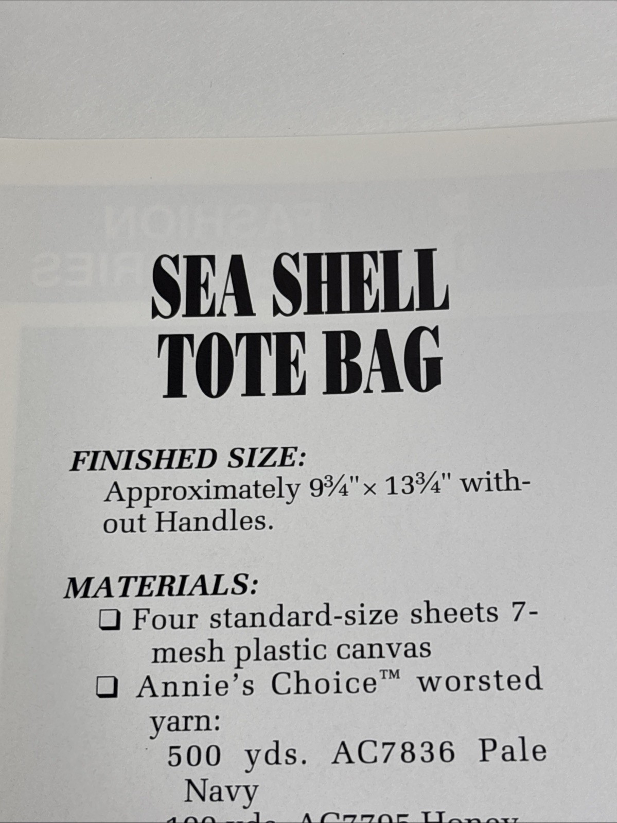 Sea Shell Tote Bag Annie's Attic Plastic Canvas Pattern Page