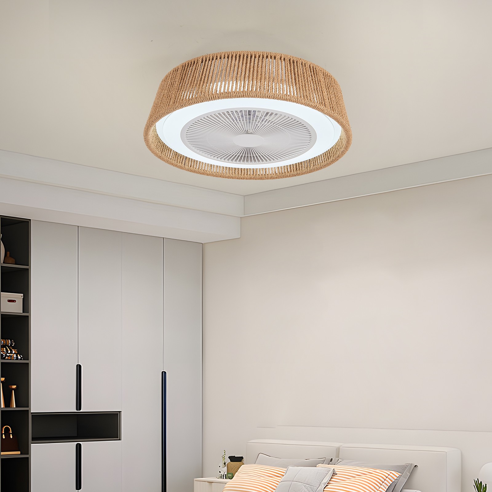 21" Modern Rustic Ceiling Fan Light with LED RGB Mood Lighting,Rope Woven Design