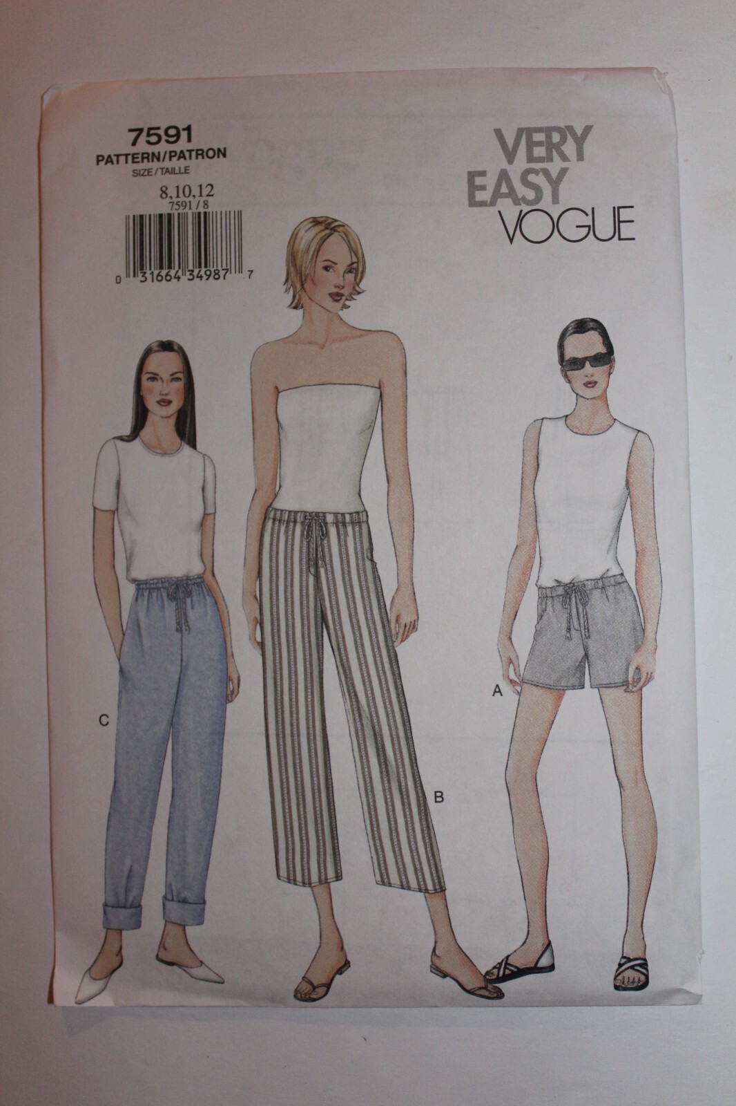 Vogue Pattern #7591 Misses' Size 8,10,12 Shorts and Pants with drawstring