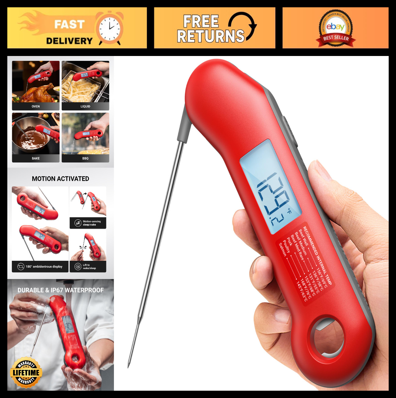 Ultra-Fast Digital Meat Thermometer, Instant Read 0.5 Sec, Waterproof, Backlit D