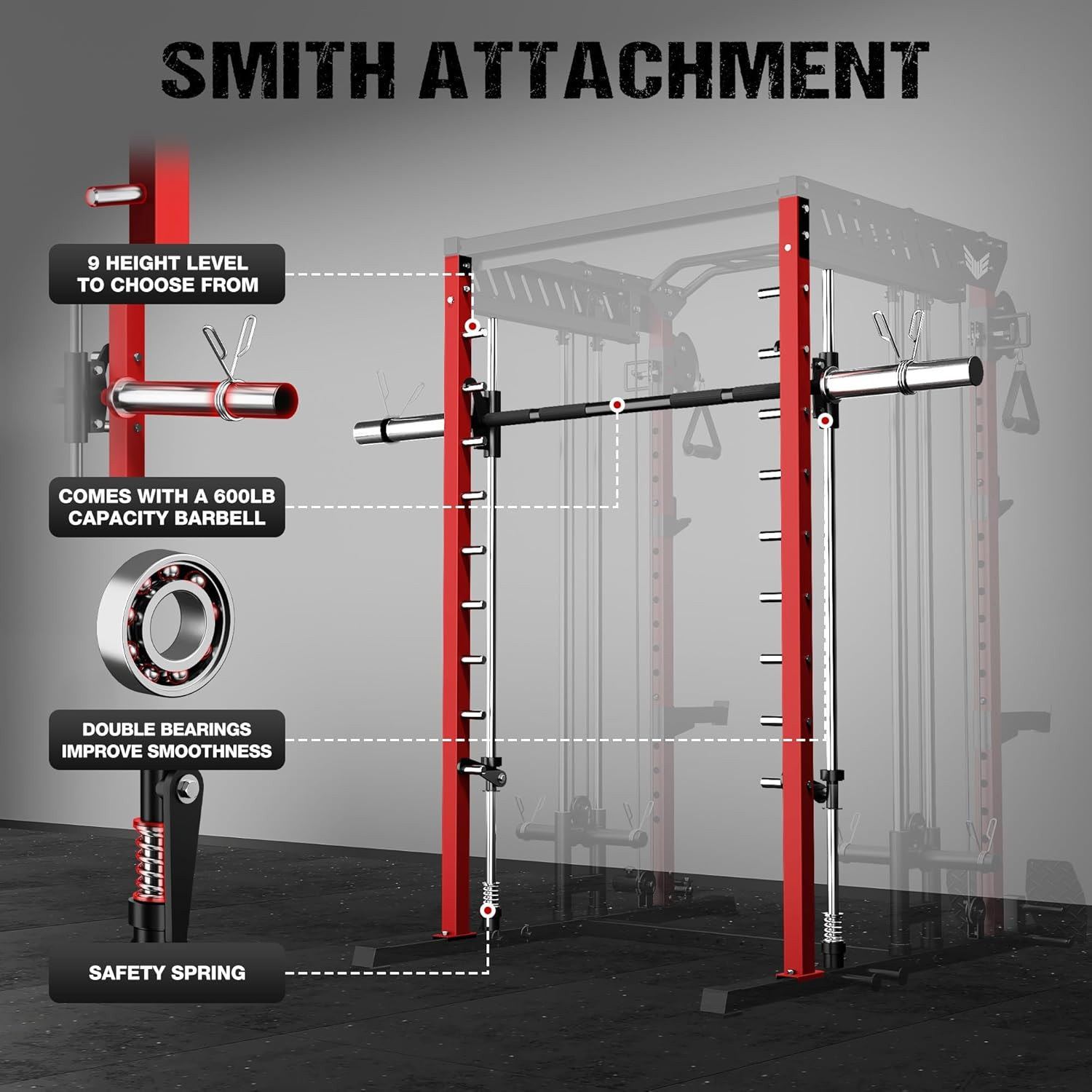 JELENS M21 Smith Machine, Multi-Function Power Cage with Dual Pulley Cable Cross