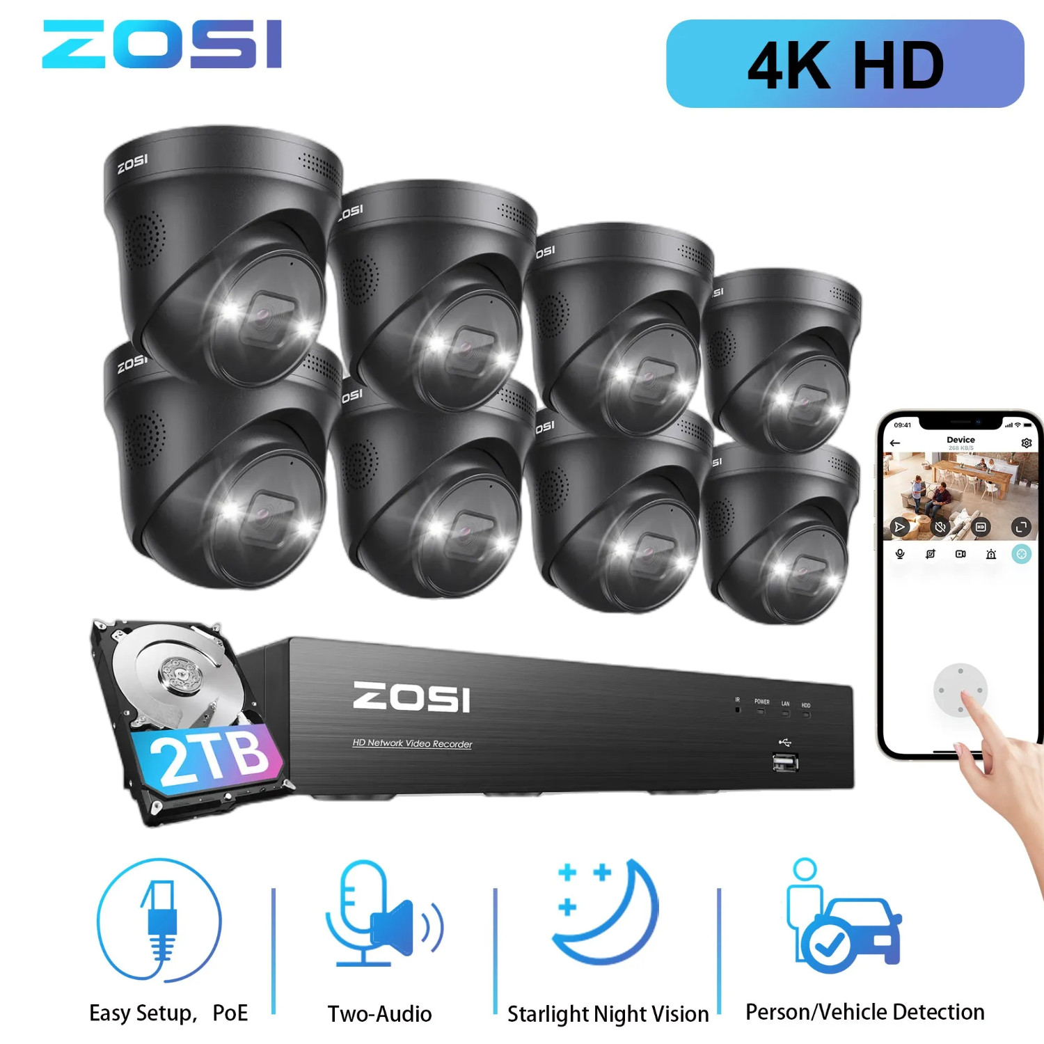 ZOSI 8CH 4K Audio PoE Security IP Camera System 8MP 2TB NVR Color Night Vision