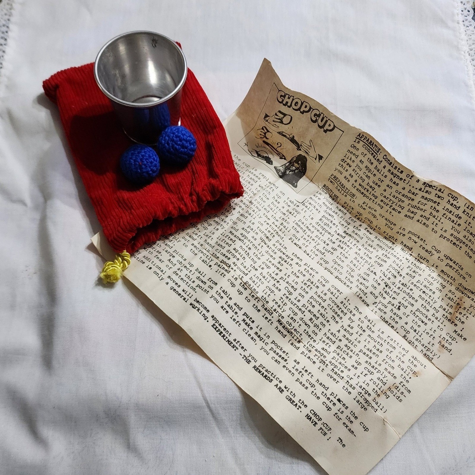 Vintage Chop Cup Magic Trick Set Metal Cup Crocheted Balls Instructions Canada