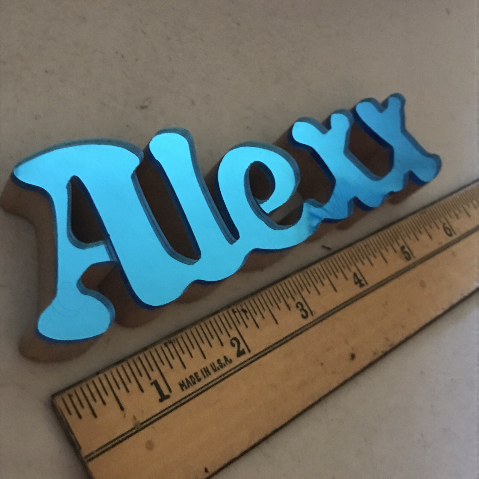 ALEXX Name ALEX with 2 Xs Carved Wood Reflective Blue Wooden Word Desktop Decor