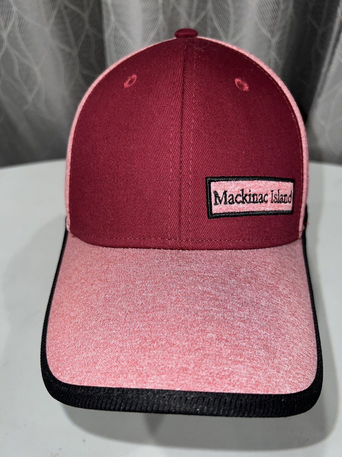 Mackinac Island Knit cap heather pink with Maroon front Hat Cap Hook Loop EUC