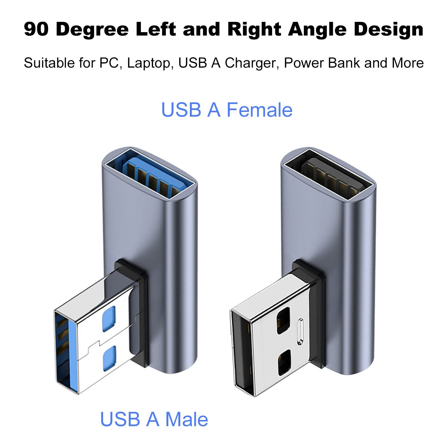 AreMe 90 Degree USB 3.1 Adapter 2 Pack, Left and Right Angle A Silver