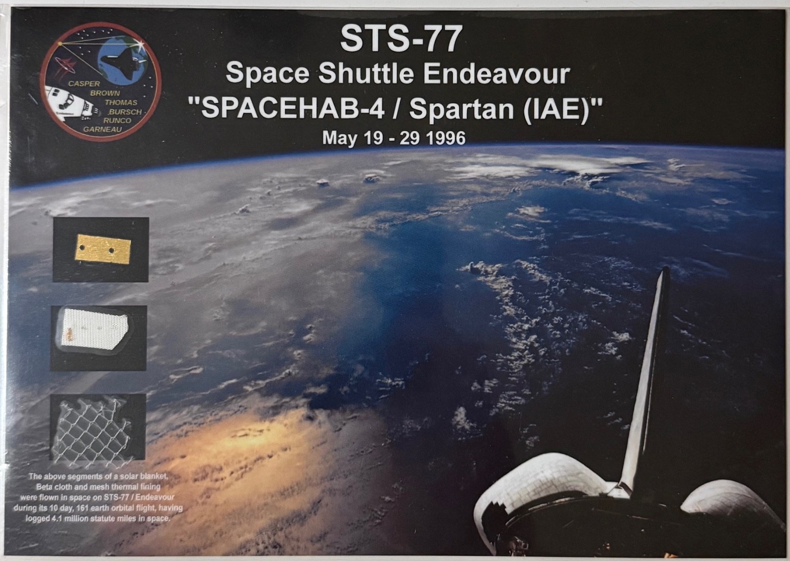 STS-77  SPACEHAB-4 MISSION FLOWN IN SPACE 3 ARTIFACT'S ON LAMINATED 6 x 8.5 CARD