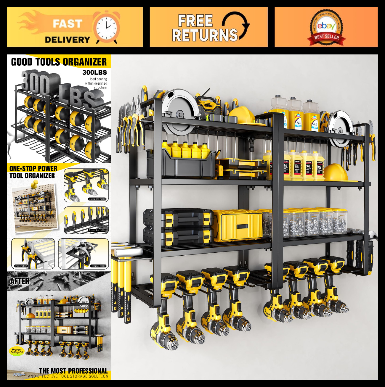 Heavy Duty Power Tool Organizer Wall Mount - 4 Slot Storage Rack for Cordless Dr