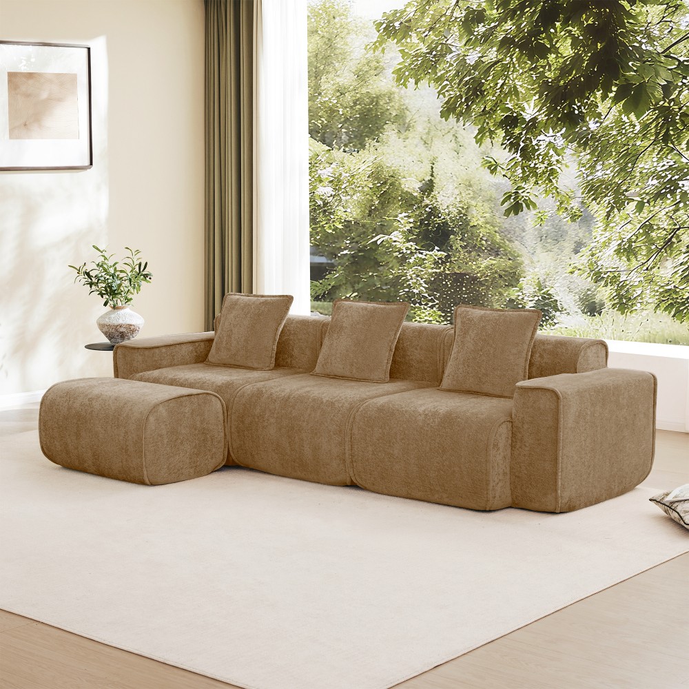 Modular 3-Seat L-Shape Sectional Sofa w/ Ottoman & Pillows, Velvet Brown