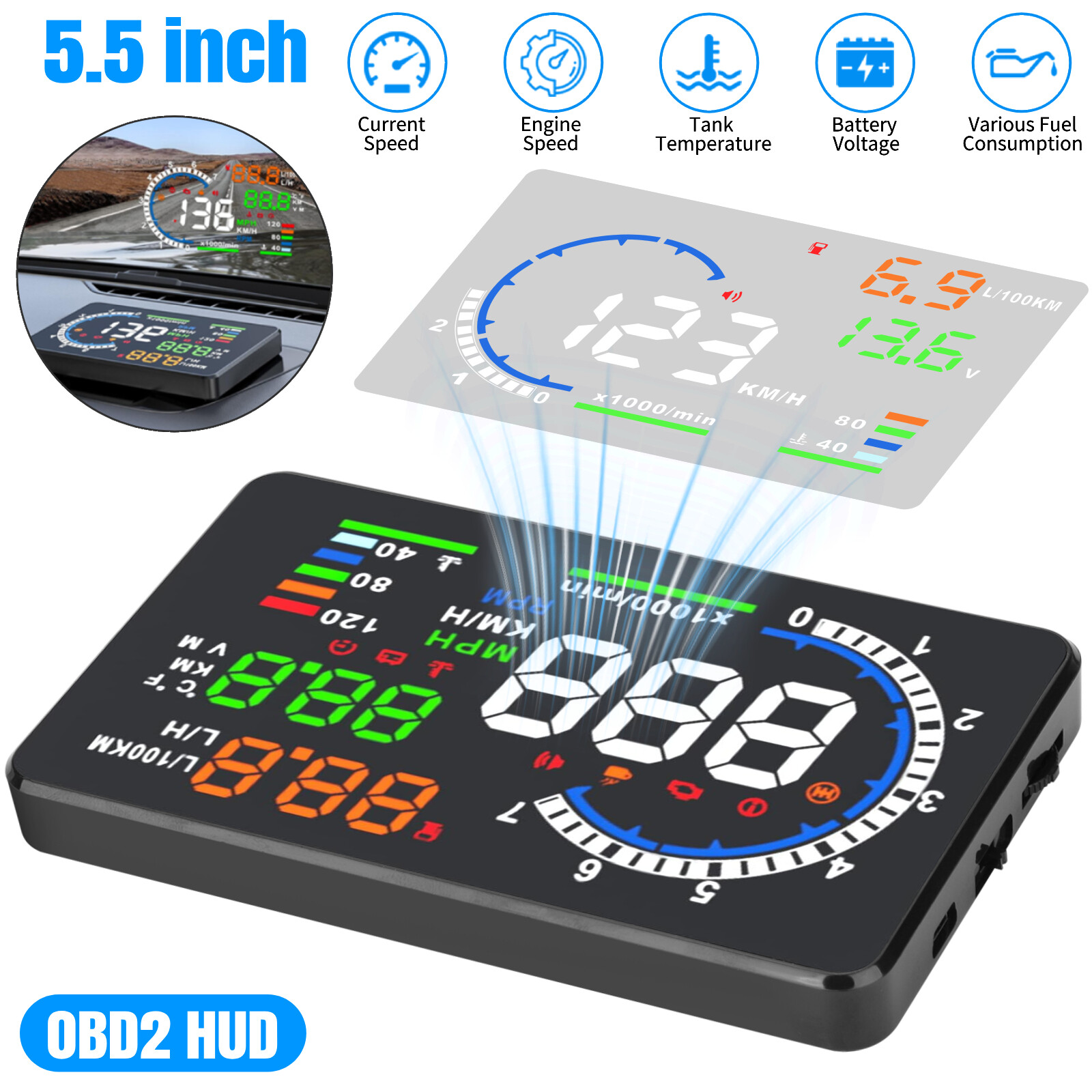 OBD II Car HUD Head Up Display 5.5'' Dash Screen Digital Speedometer Projector