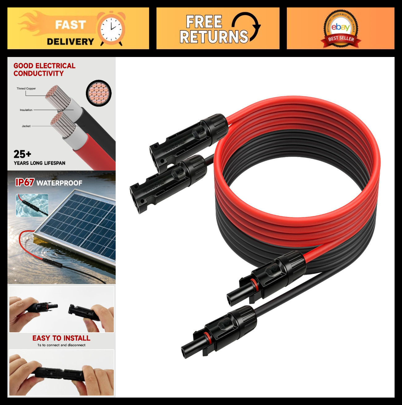 10FT 10AWG Solar Panel Extension Cable - IP68 Waterproof, Tool-Free Connectors,
