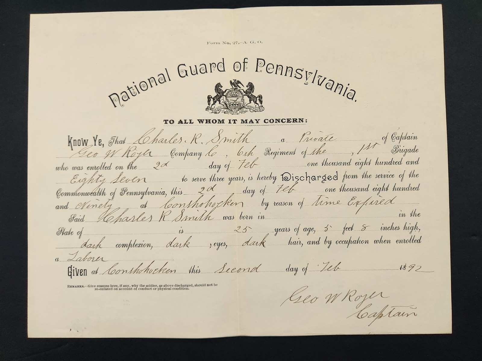 1892 antique NATIONAL GUARD PA DISCHARGE Co C conshohocken CHARLES R SMITH royer