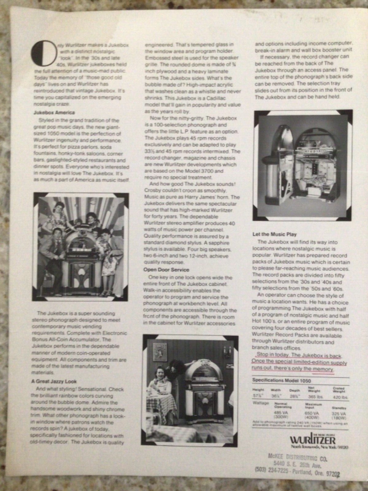 Wurlitzer 1050 jukebox brochure