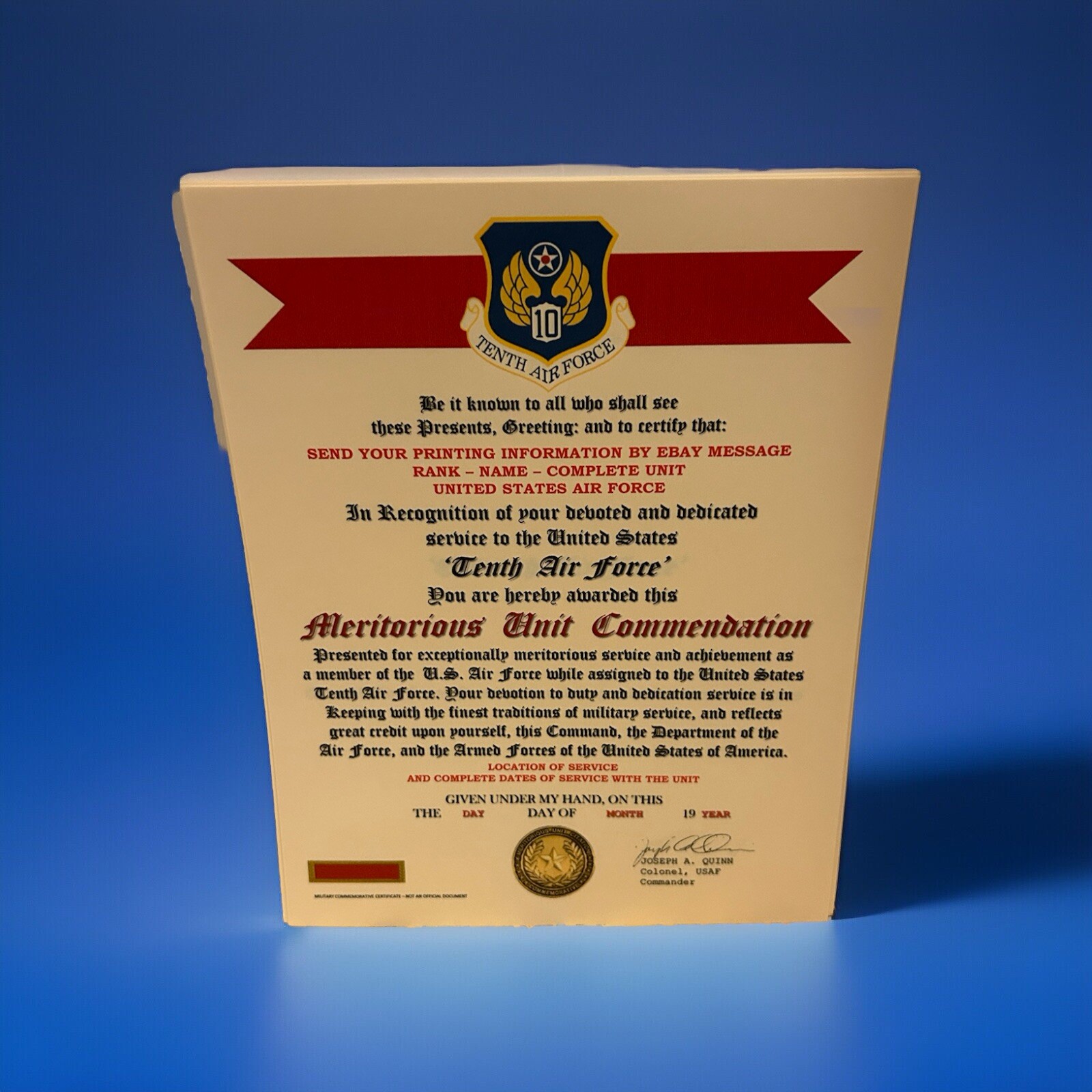 U.S. AIR FORCE / 10TH AIR FORCE - MERITORIOUS UNIT COMMENDATION CERTIFICATE