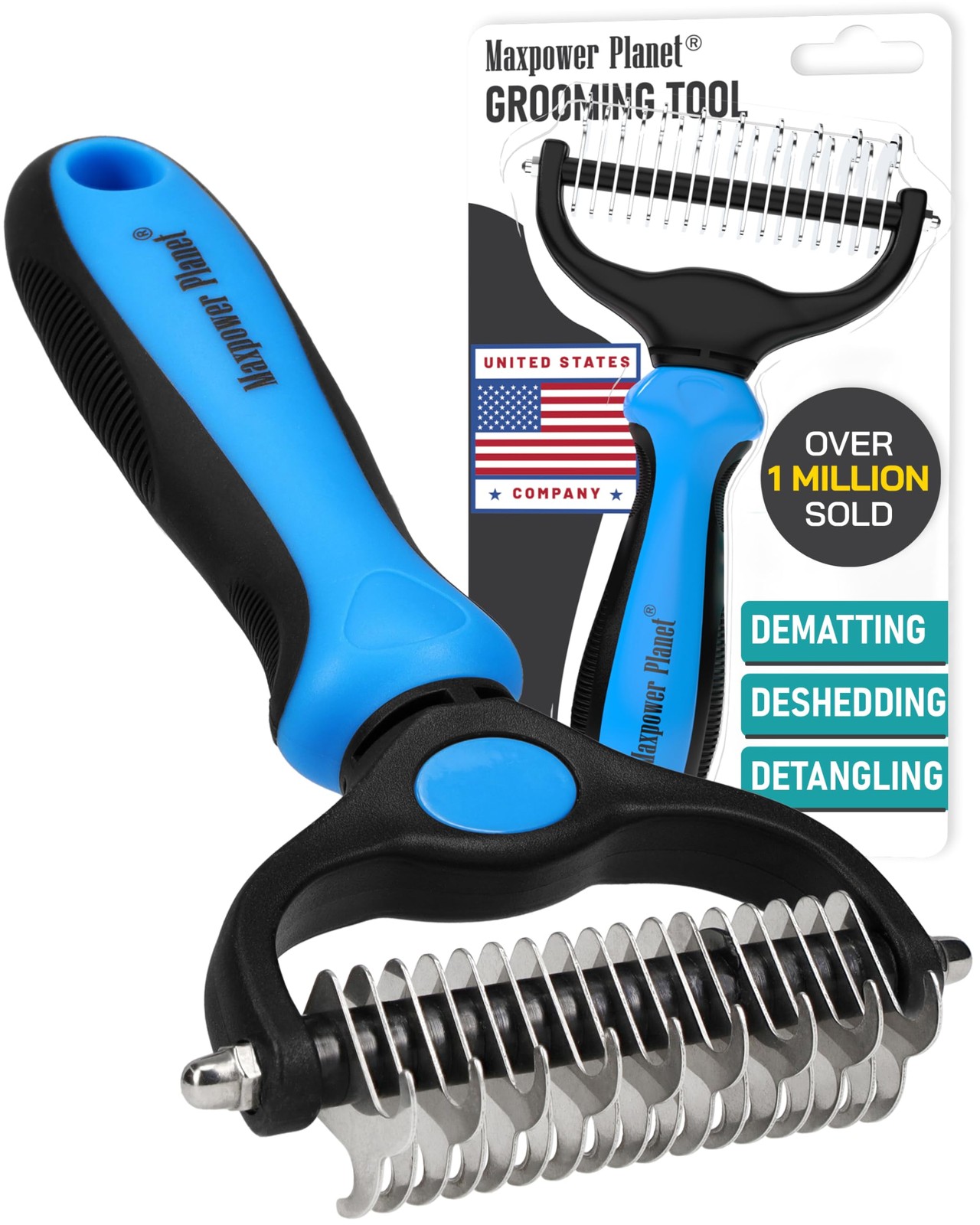 Maxpower Planet Original Pet Grooming Rake - Double-Sided Large, Blue