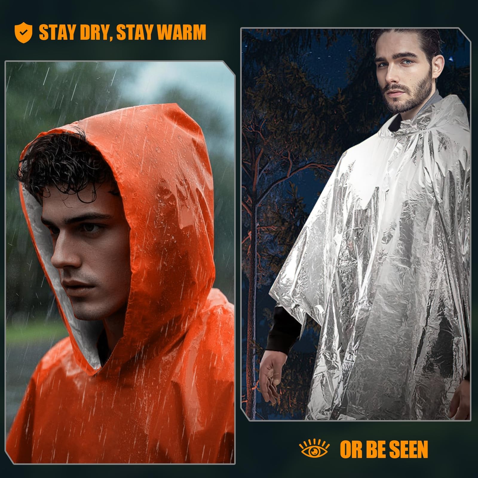 4 Pack Emergency Ponchos with Thickened Mylar Blanket Lining, Windproof, Wate...