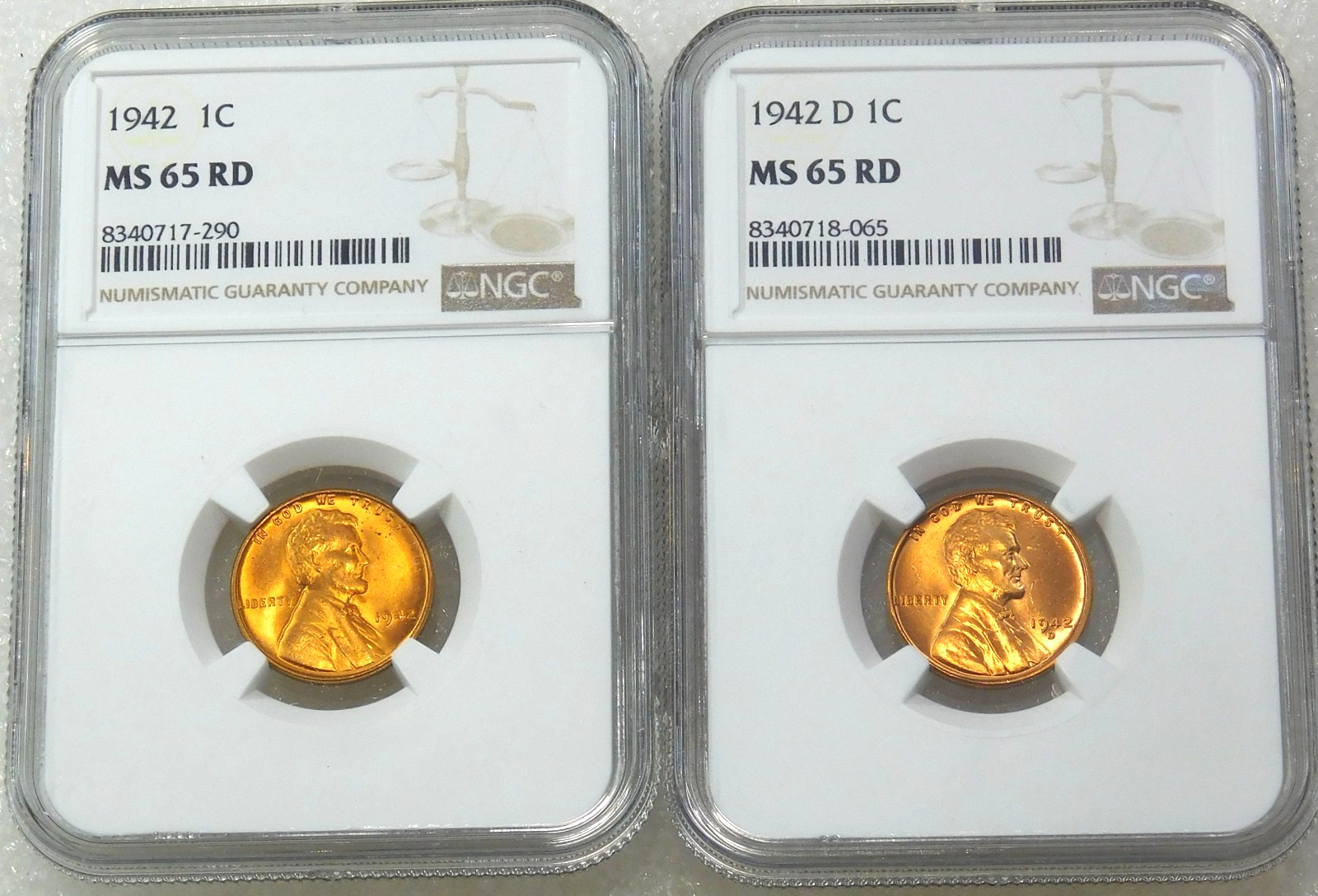 1942 P & D Lincoln Cent NGC MS65RD Bright Red lot of 2 coins New Holders #P396J