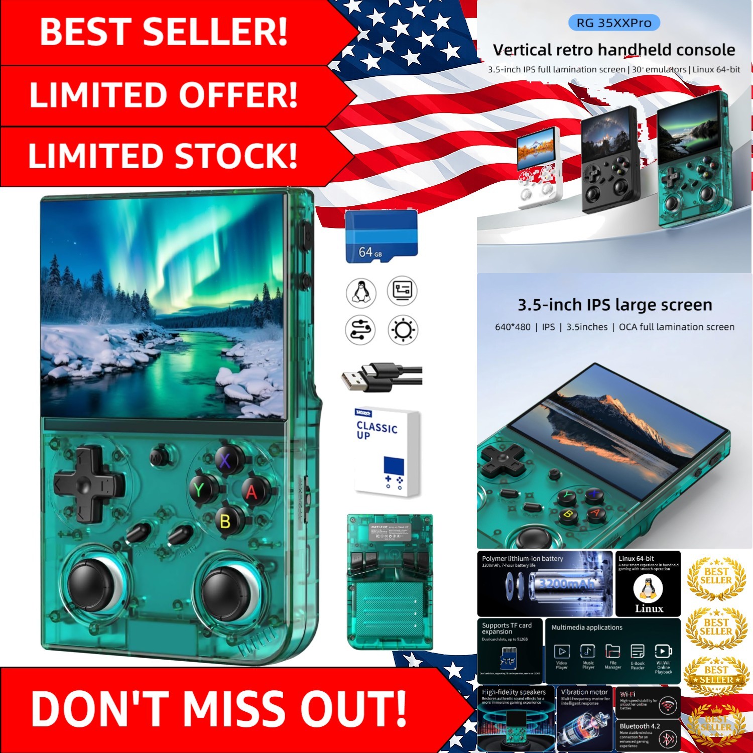 Classic Handheld Game Console - 64G, Multiplayer Ready, HD Output & Long Battery