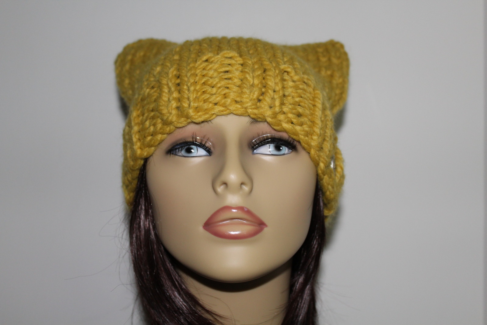 Chunky Hand Knit Unisex Mustard Yellow Handmade Pussy Cat Hat