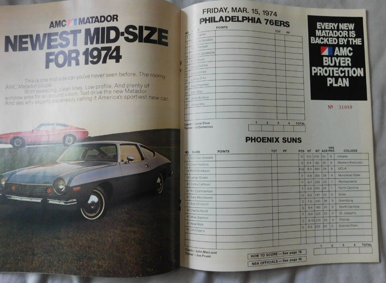 March 15 1974 Philadelphia 76ers Vs Phoenix Suns Program 1973-74