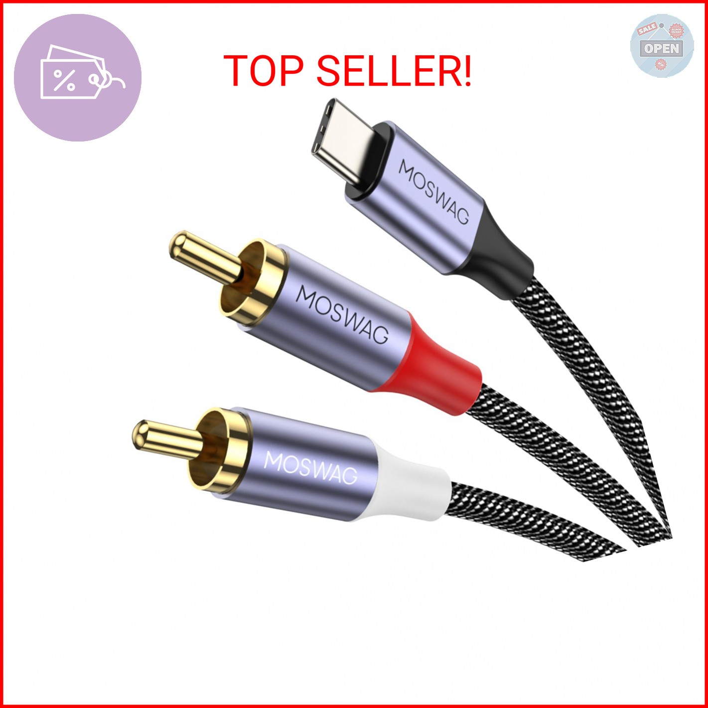 MOSWAG USB C to 2 RCA Audio Cable 3.3FT, Type C to 2 Male Y RCA Splitter, Type C