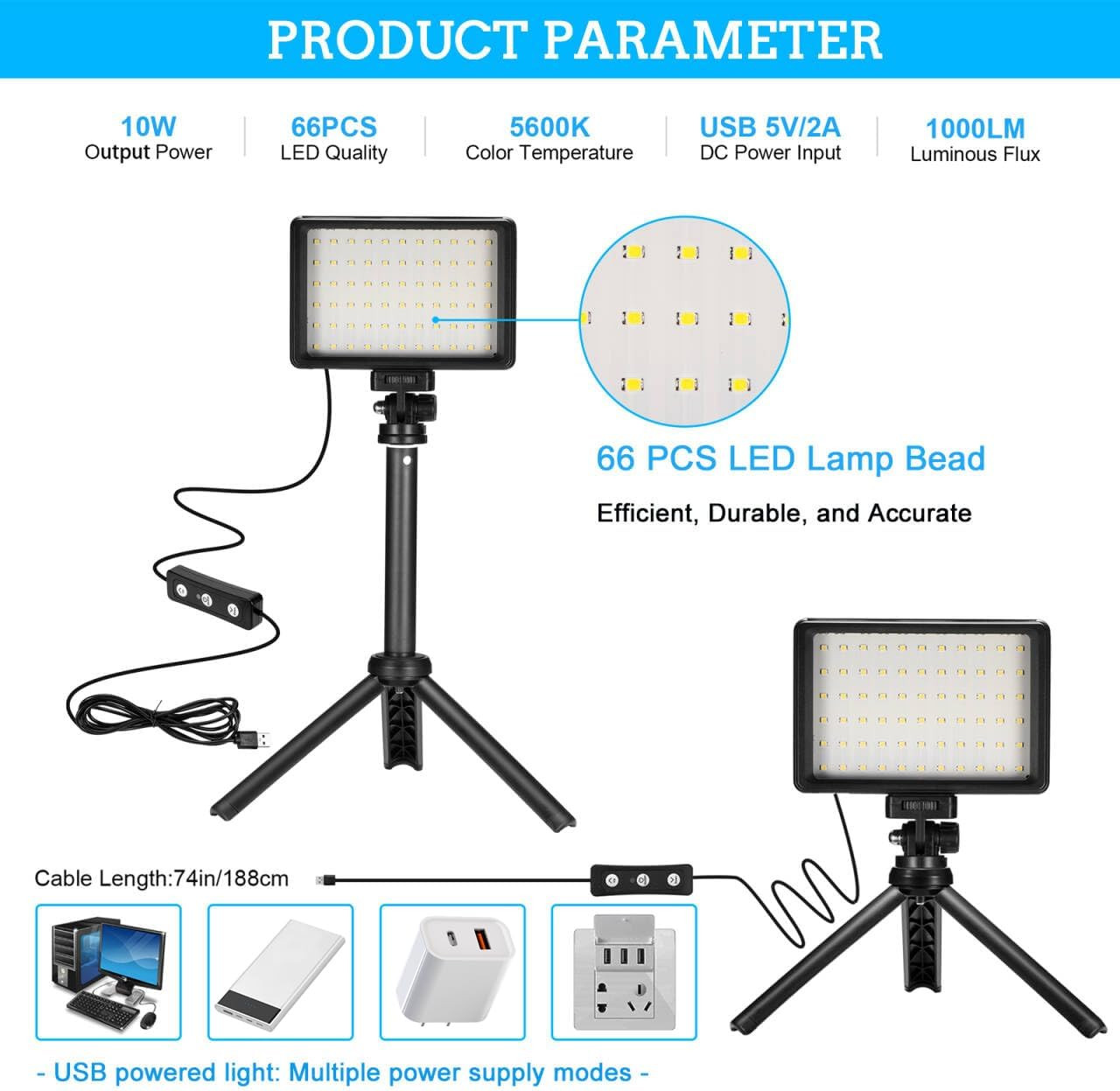LED Video Light 2-Pack, 5600K Dimmable USB Photo Lights with Mini Tripod and Col