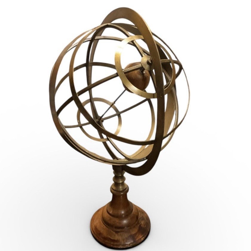 Large VTG Brass Wood Armillary Sphere Globe 20” Celestial Sculpture Library