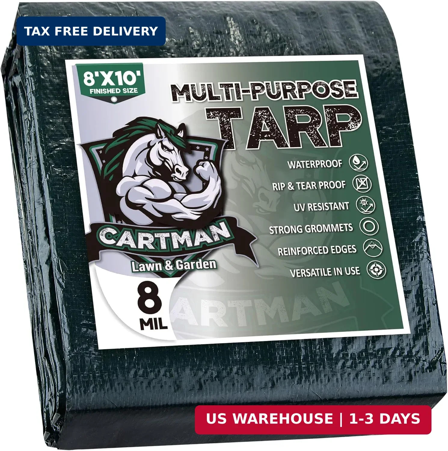 Finished Size 8x10 Feet Waterproof Green Tarp 8 Mil Thick, Multipurpose Protecti