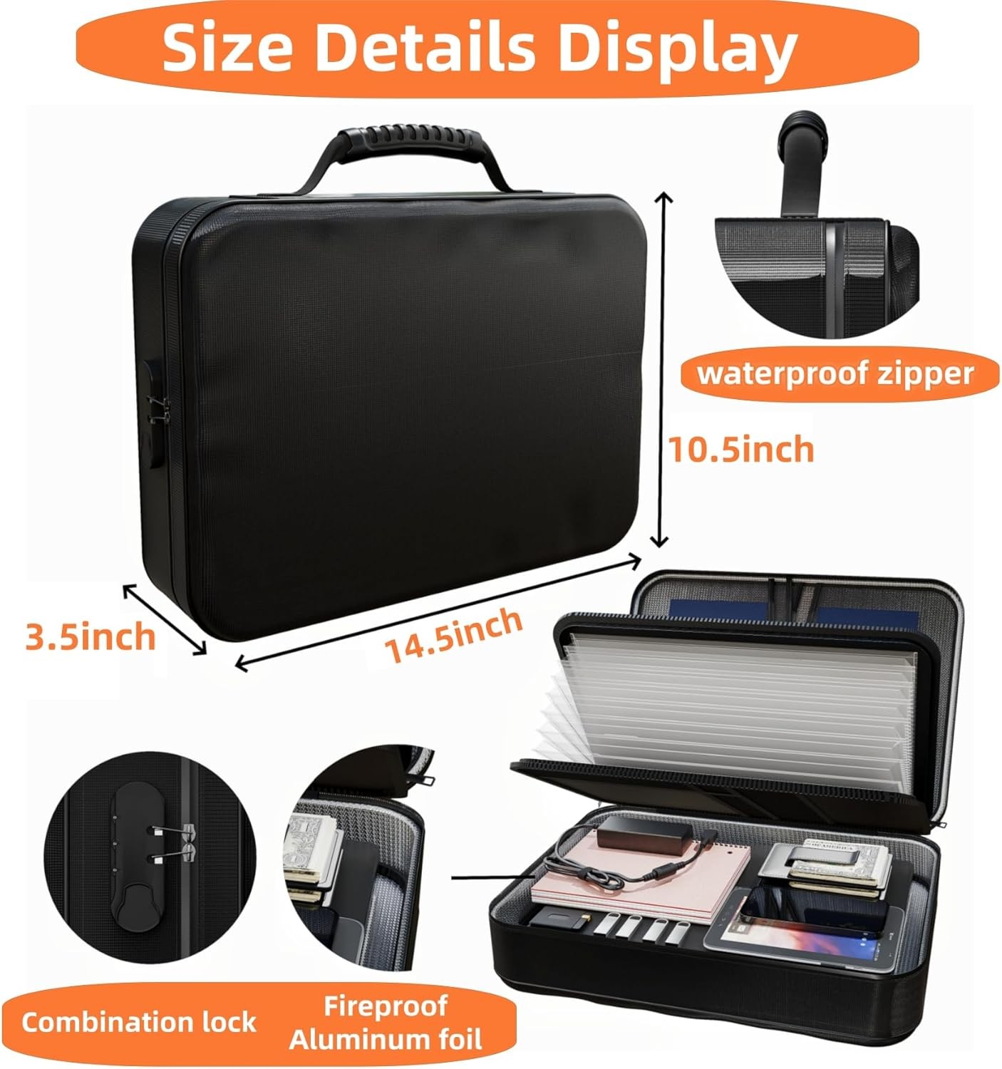 Fireproof Document Box (Soft-Shell) with Lock & Waterproof Zipper, 5200°F Safe
