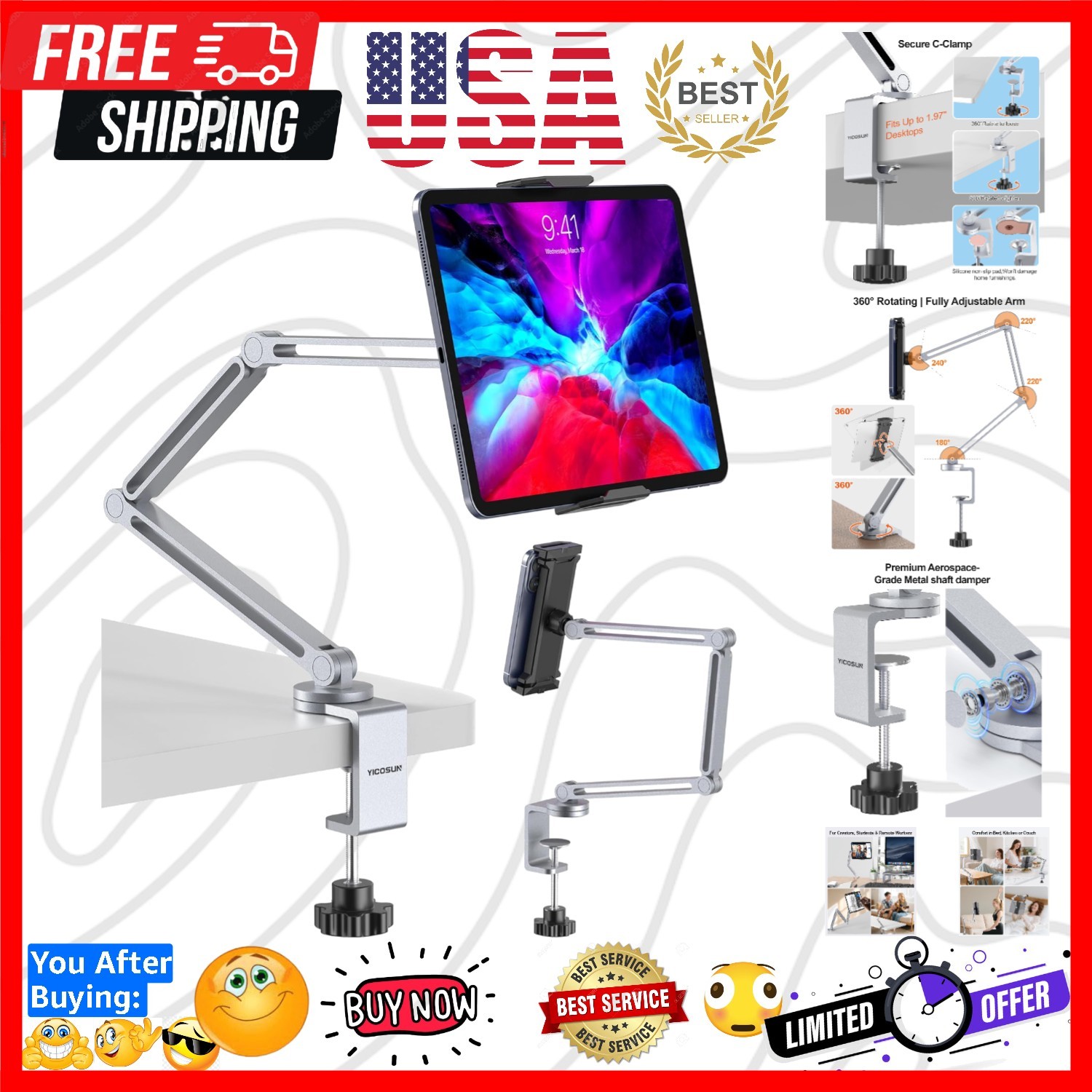 Tablet Arm Mount with Super Grip, Adjustable Foldable Holder & Heavy Duty Alu...