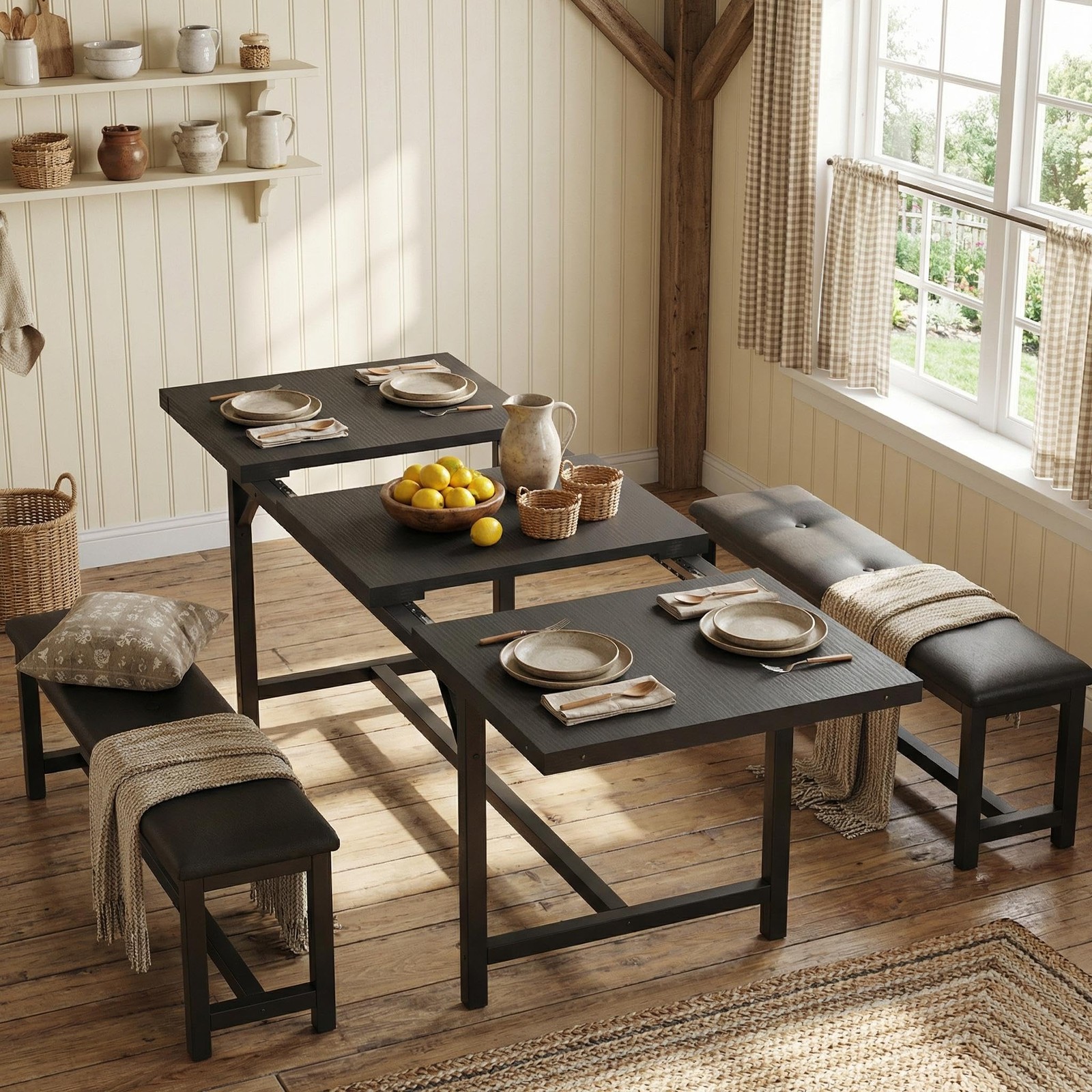 5 Piece Extendable Dining Table Set for 4-6, Kitchen Table & 2 Upholstered Be...