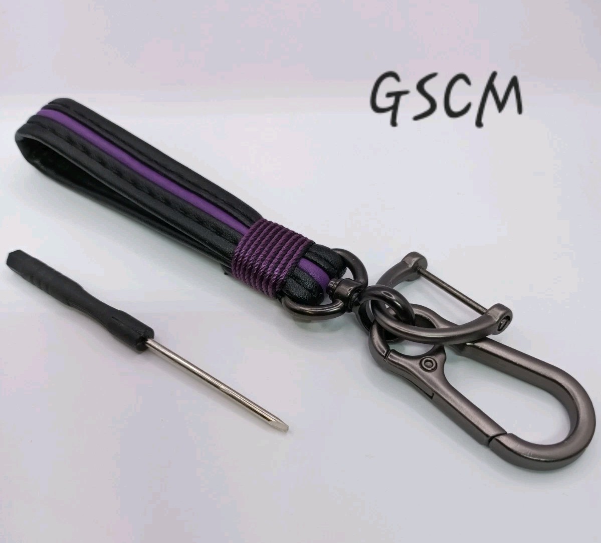car keyring strap keychain key fob faux leather black & purple