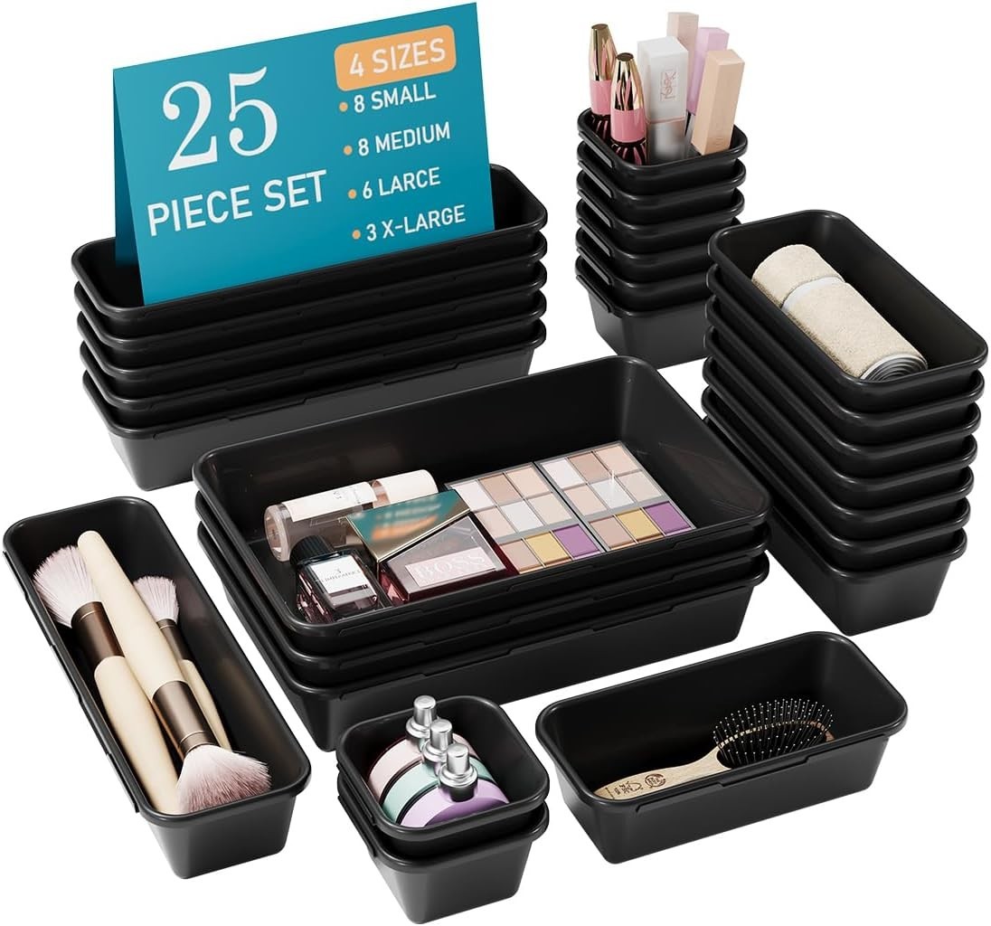 25 PCS Black Drawer Organizer Set 4 Size Interlocking Plastic Storage Bins