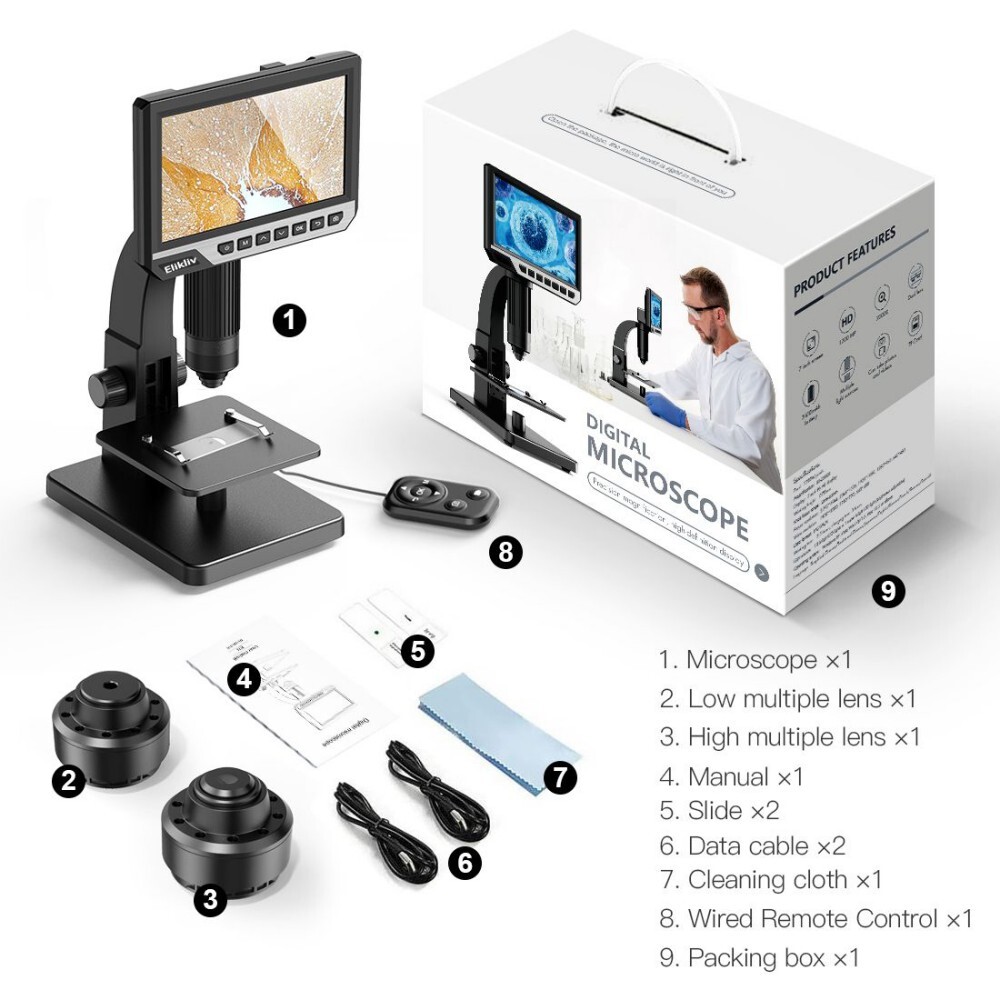 Elikliv 2000X Biological Digital Microscope 7" LCD Remote Control for Computer