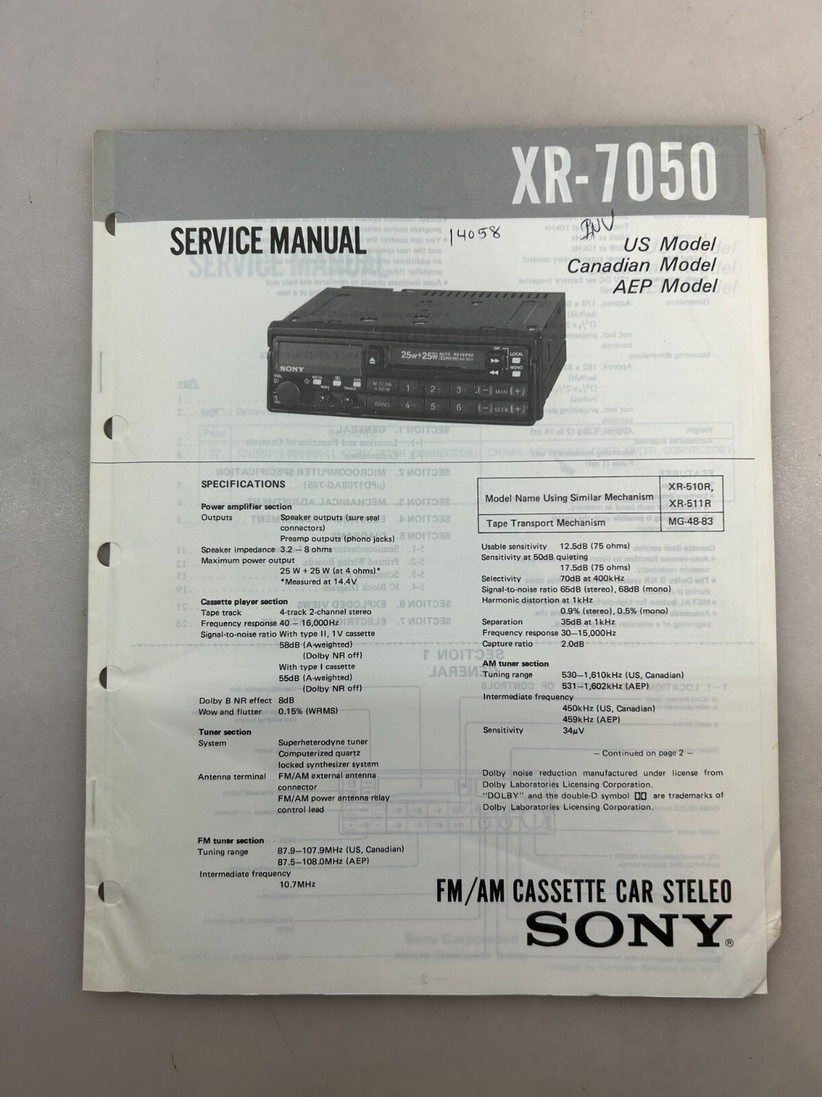 Sony XR-7050 Original Service Manual Free Shipping