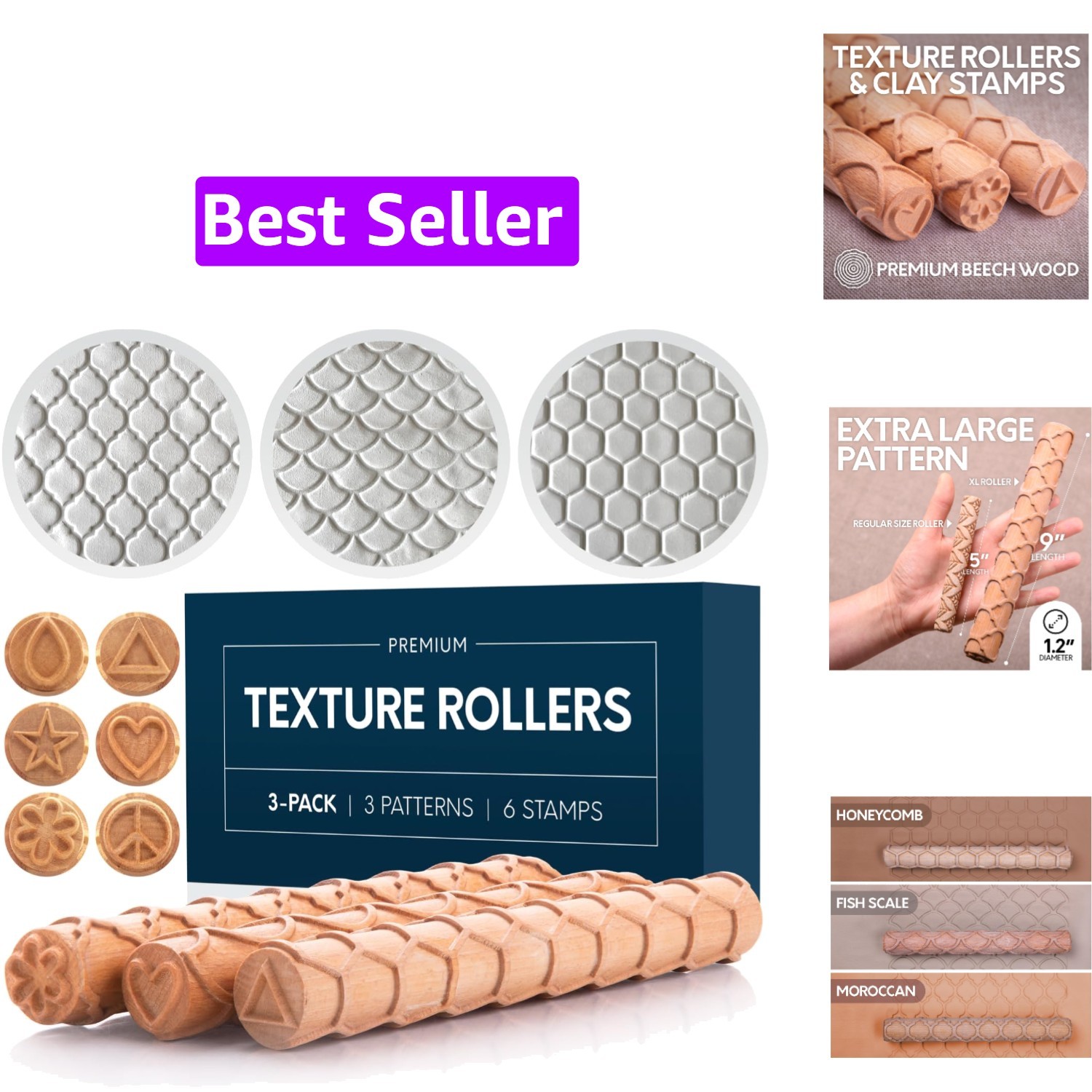 Extra Large Clay Texture Rollers with Pottery Stamps | 3 Texture Rollers | 6 ...