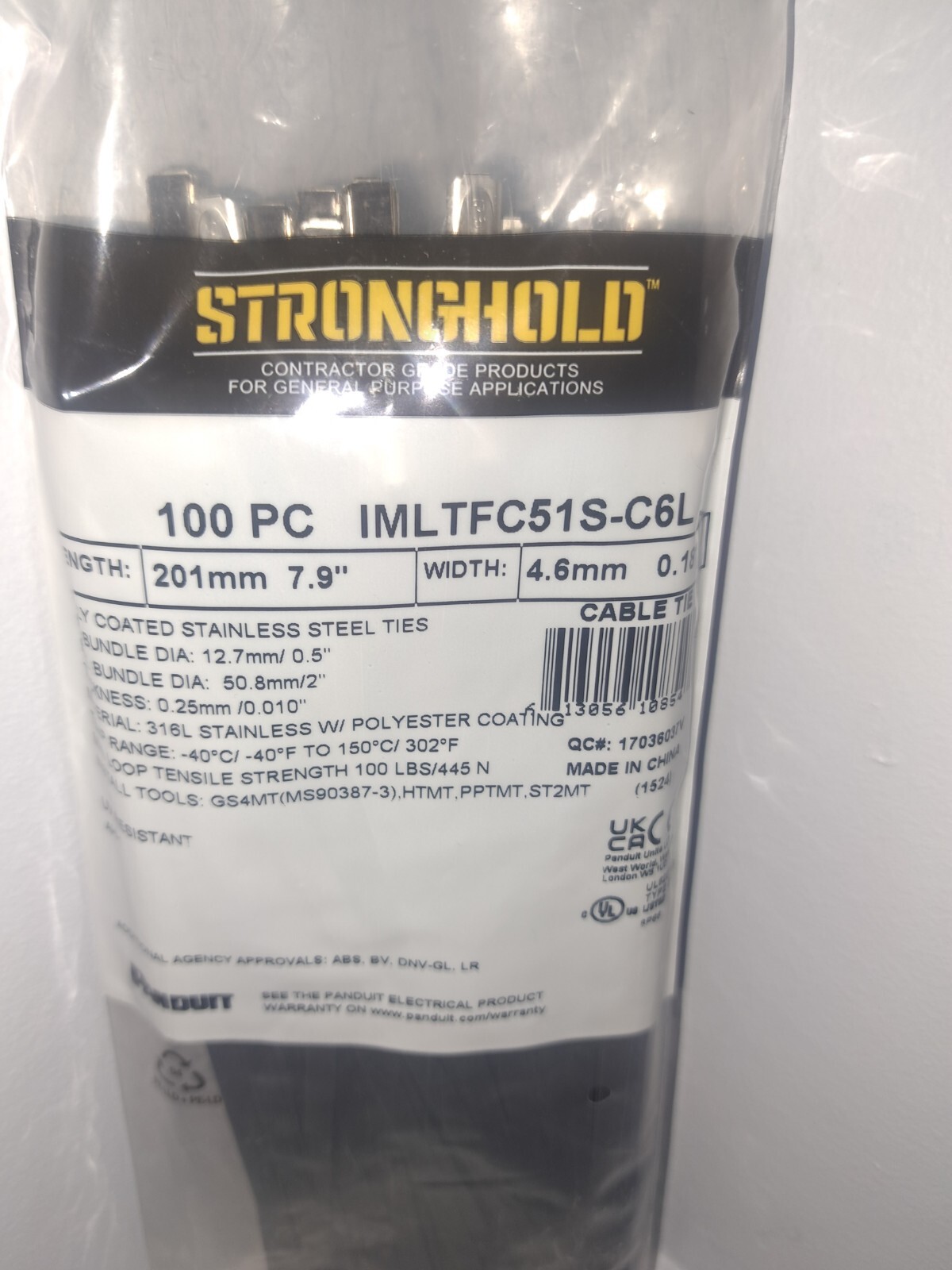 StrongHold™ IMLTFC51S-C6L Cable Tie Black 316L SS Standard 7.9" PANDUIT 100ct