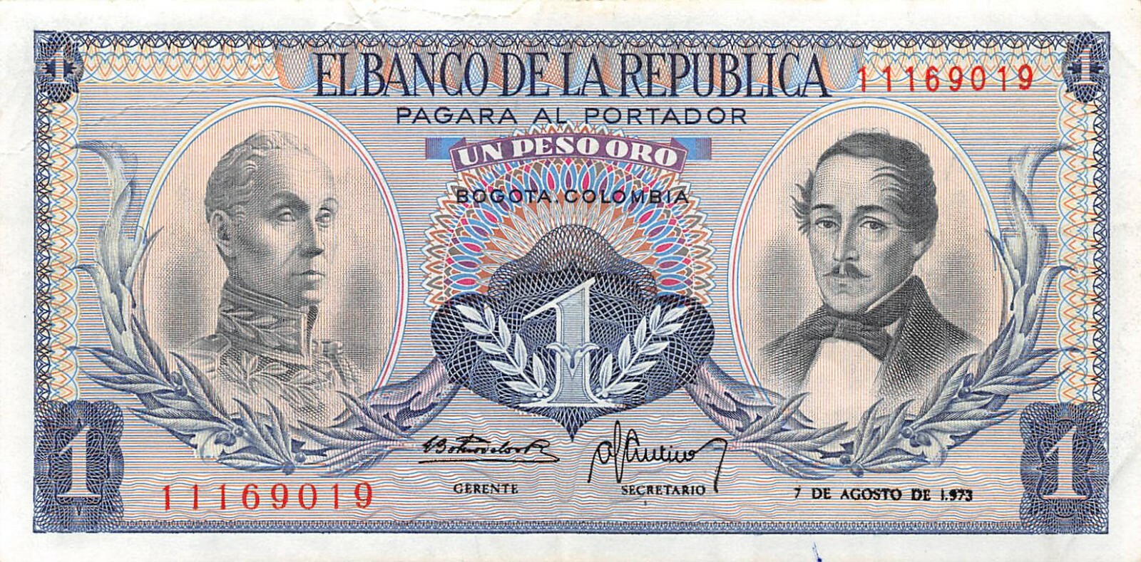 Colombia  1  Peso  7.8.1973  P 404e  date ERROR  Circulated Banknote WC