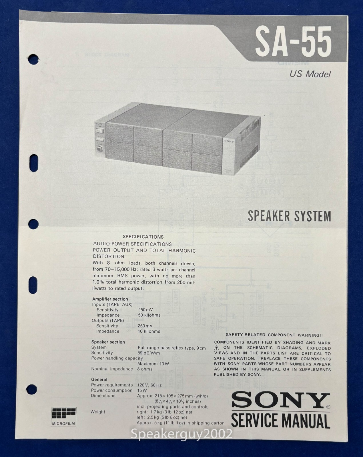 Original Sony SA-55 Speaker System Service Manual