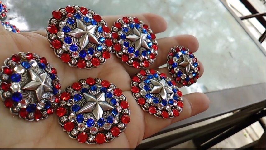 6 pc crystal bling saddle concho set star red, white, n blue crystals