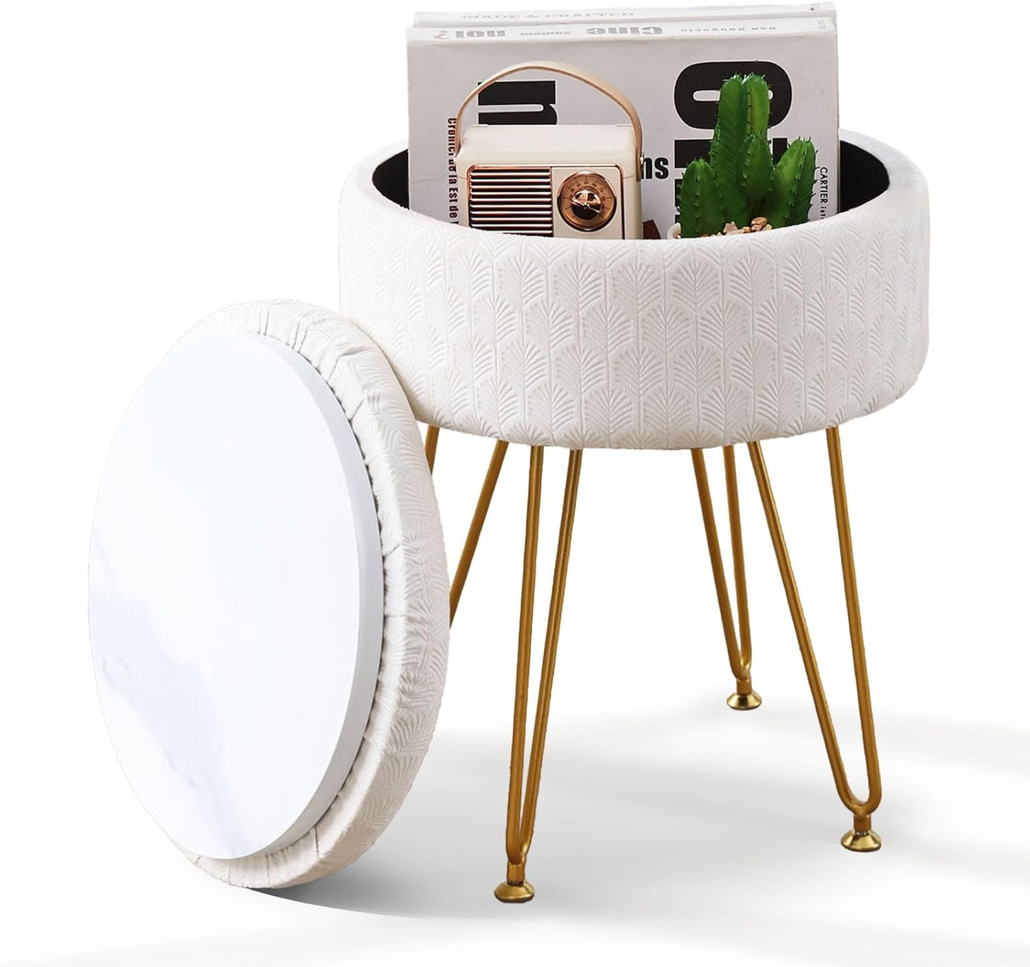 Velvet Storage Ottoman round Footrest Stool Multifunctional Upholstered Ottoman
