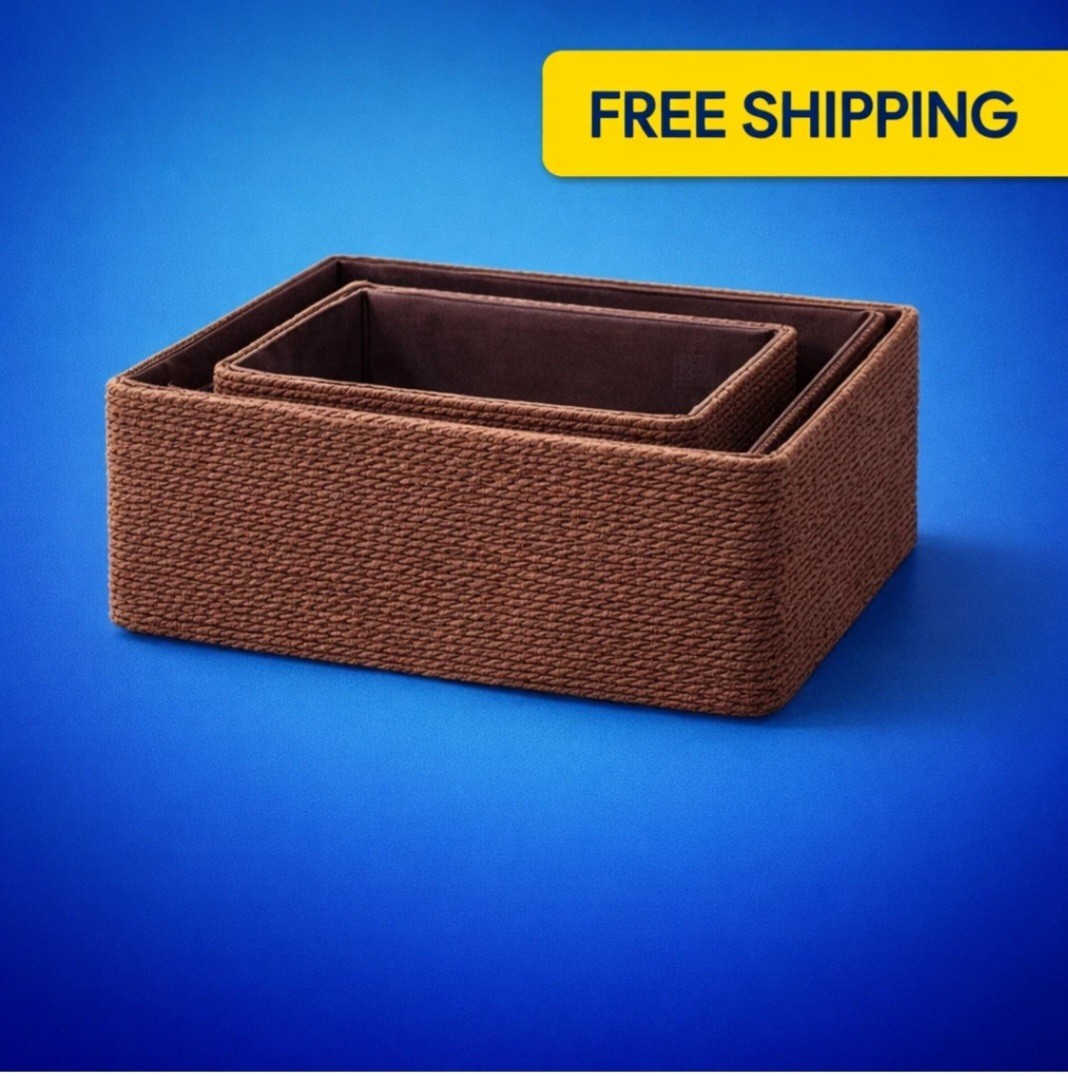 Set of 4 Brown Wicker Rectangular Stackable Woven Storage Baskets, Modern