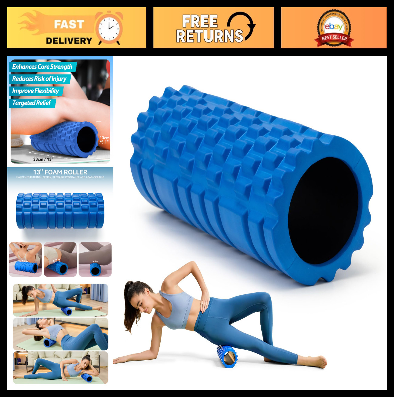 High-Density Foam Roller for Deep Tissue Massage, 13" Muscle Relief & Trigger Po