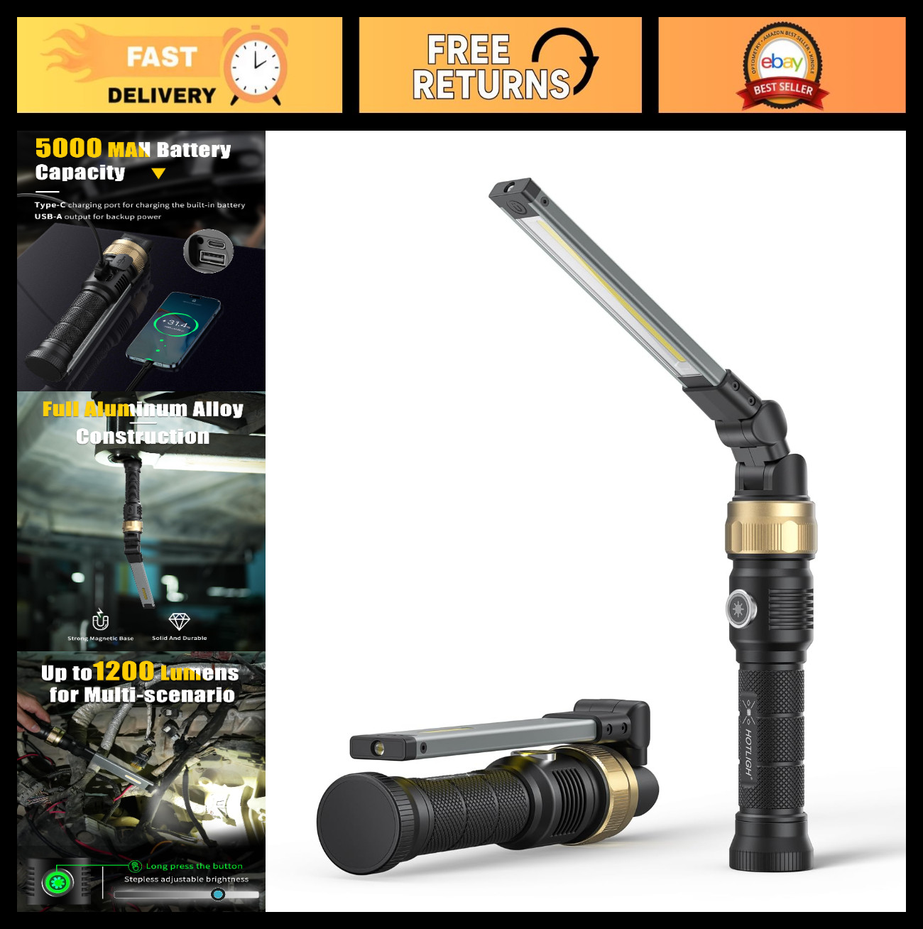 5000mAh Rechargeable Magnetic Work Light, 1200 Lumens LED, 360° Rotatable, Emerg