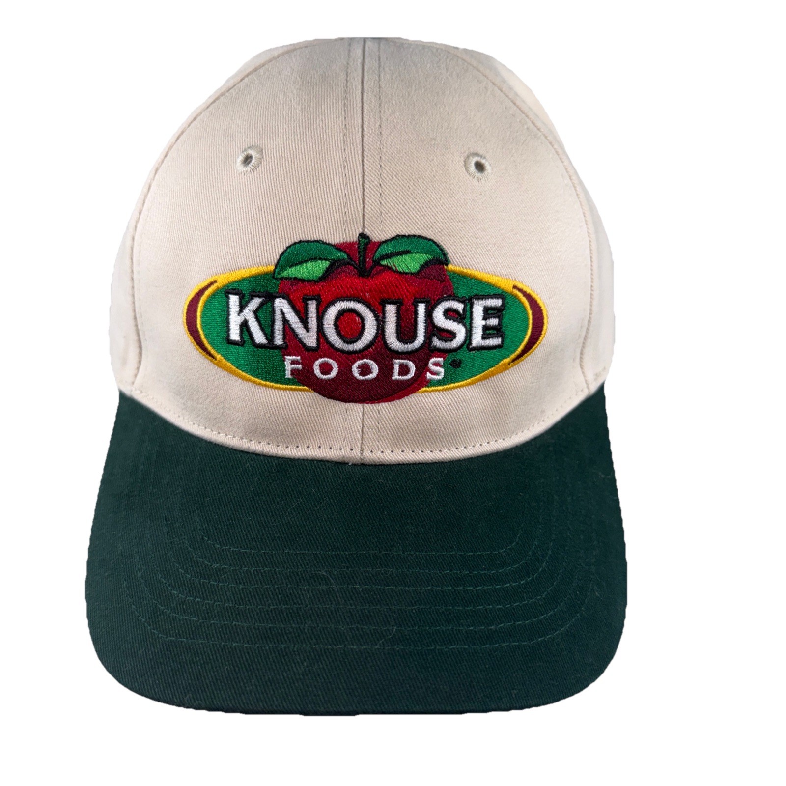 KNOUSE Foods w Embroidered Apple on Ivory Green Hat Cap Hook Loop Brushed Cotton