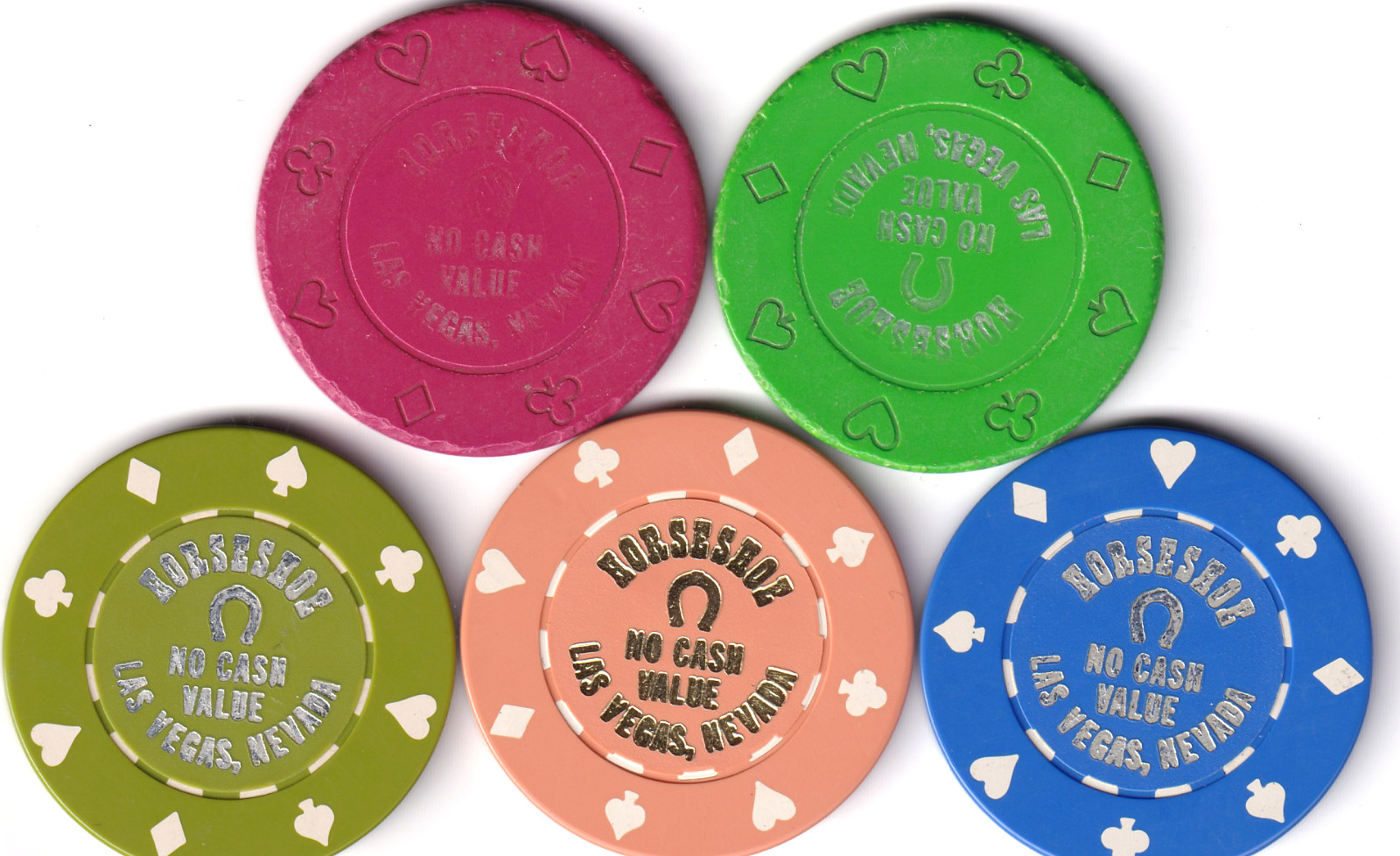 Horseshoe Hotel Casino Las Vegas 5 Colored Vintage Roulette Chips